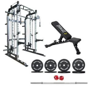 Body Iron All-In-One Functional Trainer FTG30   Adjustable Bench   120kg Olympic Barbell & Bumper Plate Set