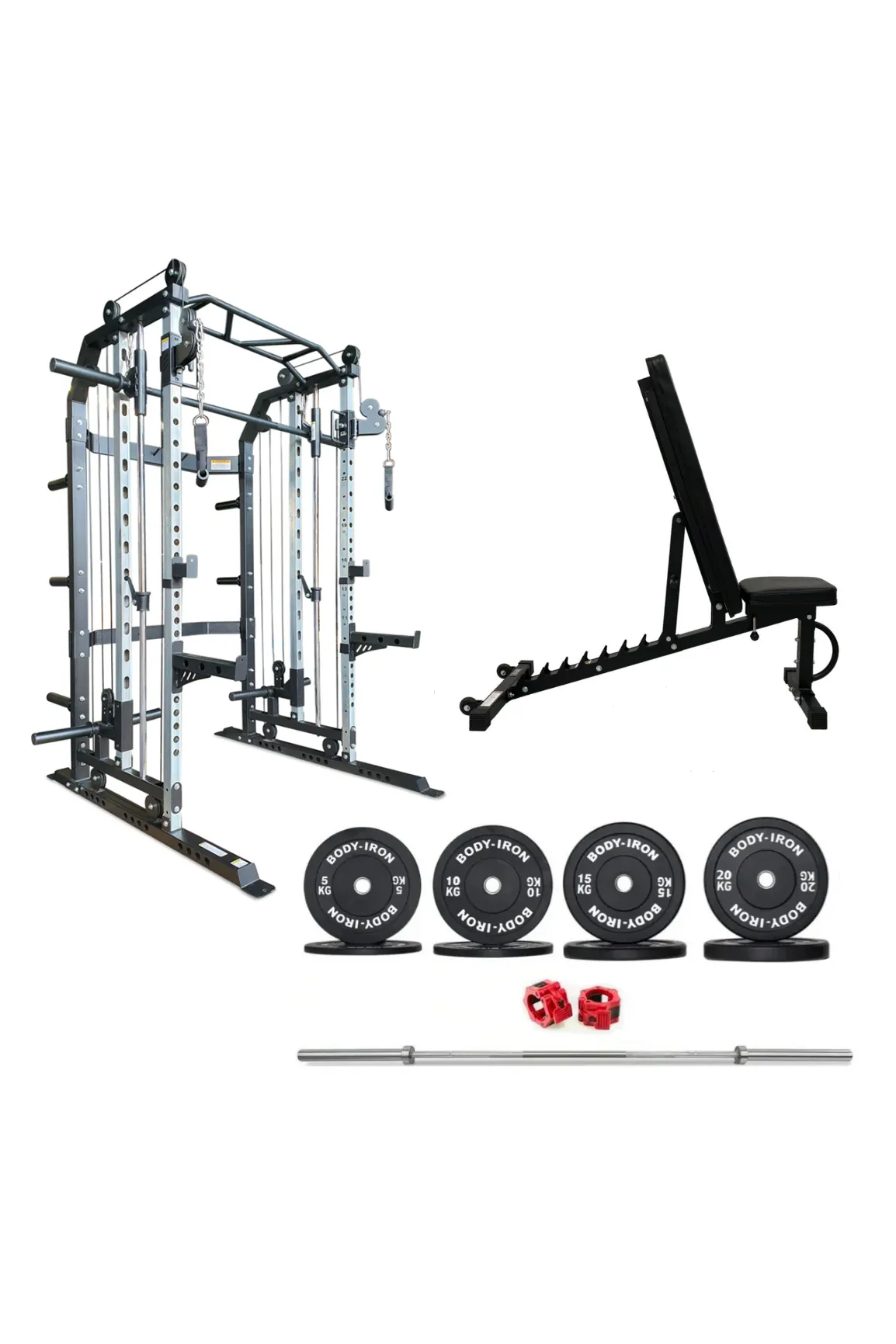 Body Iron All-In-One Functional Trainer FTG30   Adjustable Bench   120kg Olympic Barbell & Bumper Plate Set