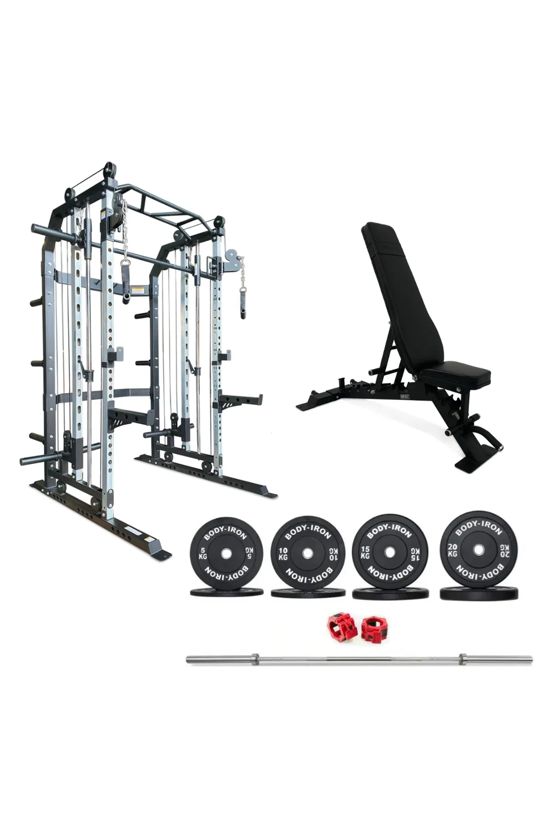 Body Iron All-In-One Functional Trainer FTG30   Adjustable Bench   120kg Olympic Barbell & Bumper Plate Set