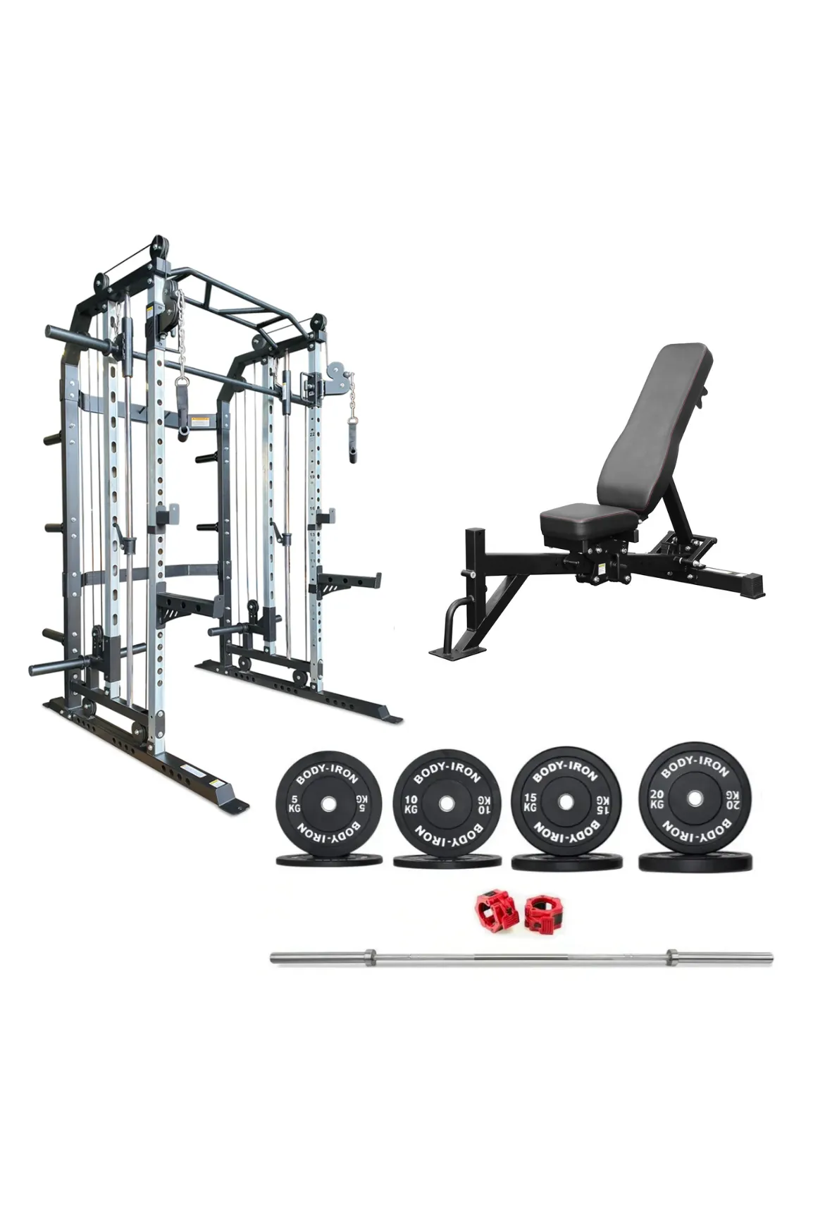 Body Iron All-In-One Functional Trainer FTG30   Adjustable Bench   120kg Olympic Barbell & Bumper Plate Set