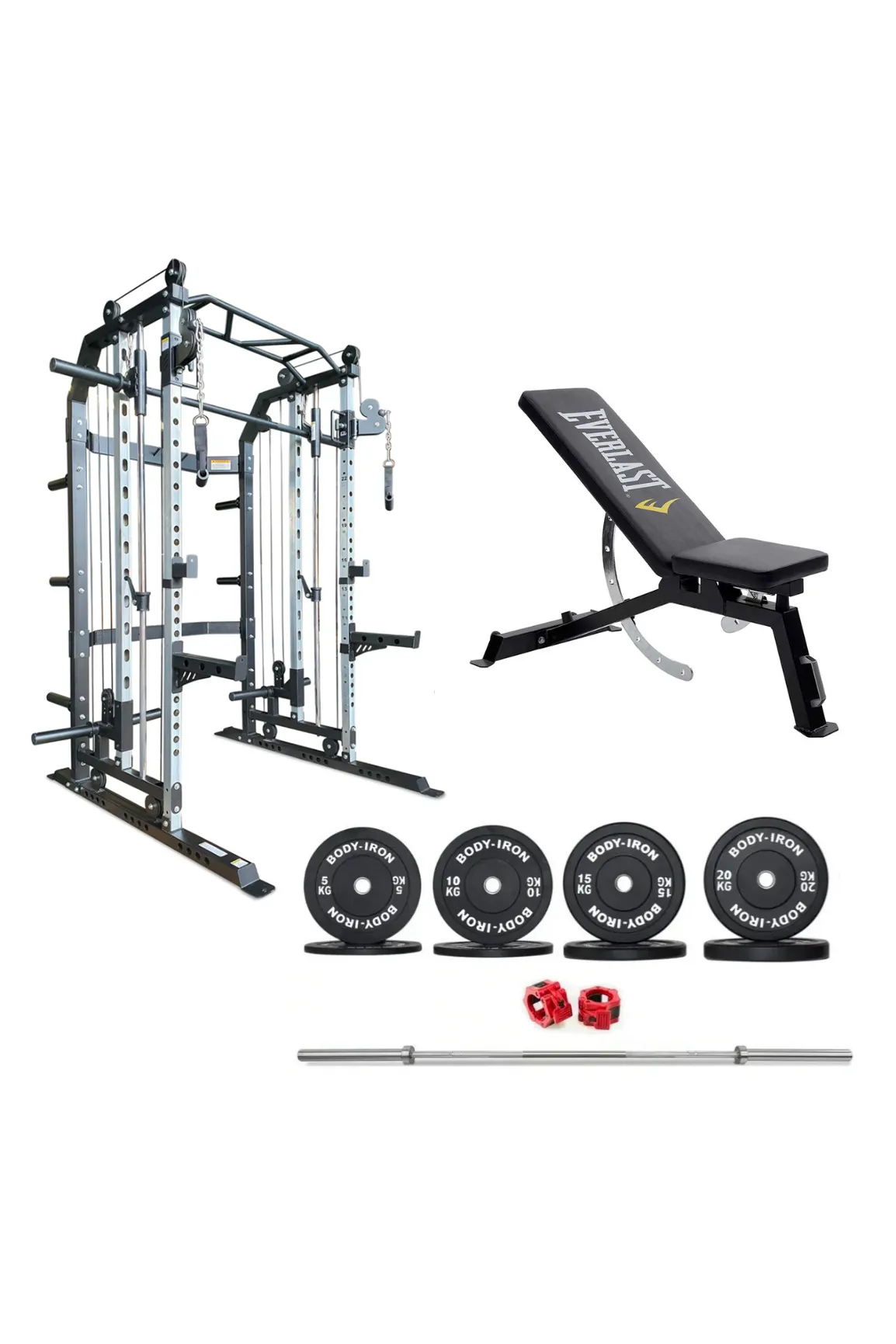 Body Iron All-In-One Functional Trainer FTG30   Adjustable Bench   120kg Olympic Barbell & Bumper Plate Set