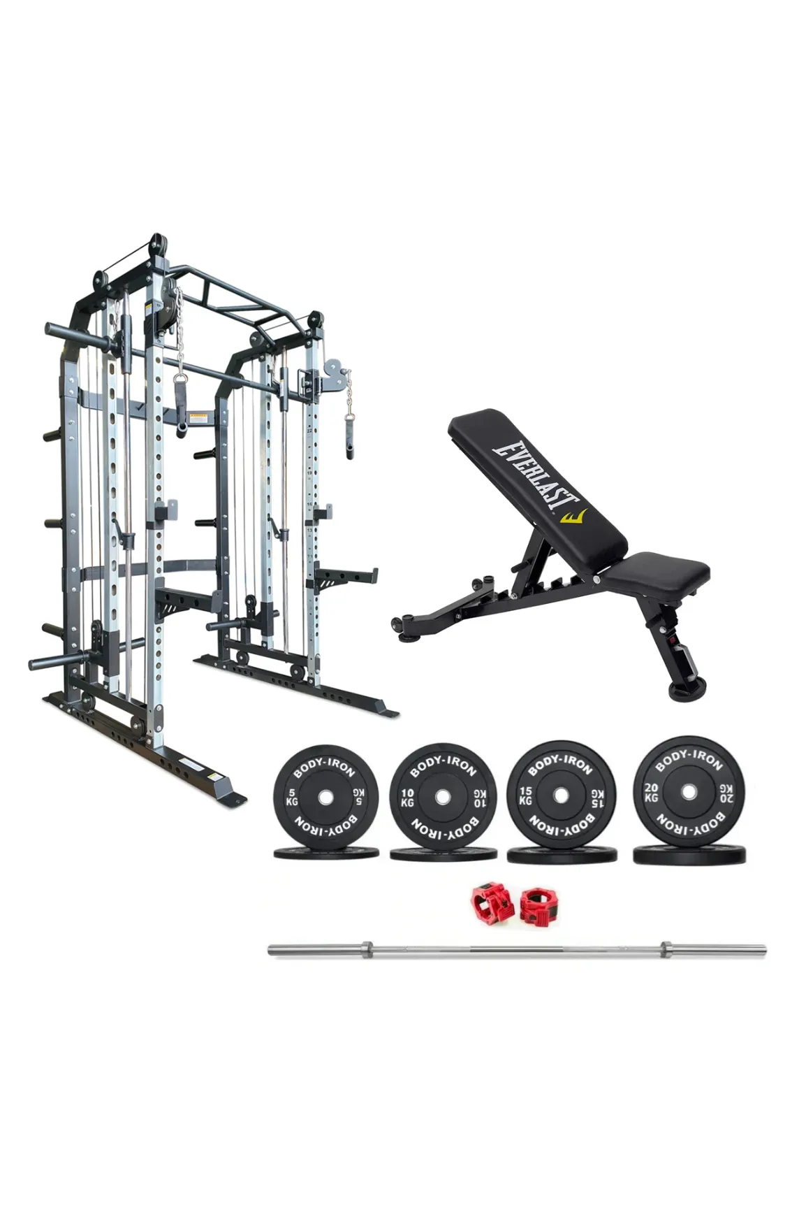 Body Iron All-In-One Functional Trainer FTG30   Adjustable Bench   120kg Olympic Barbell & Bumper Plate Set