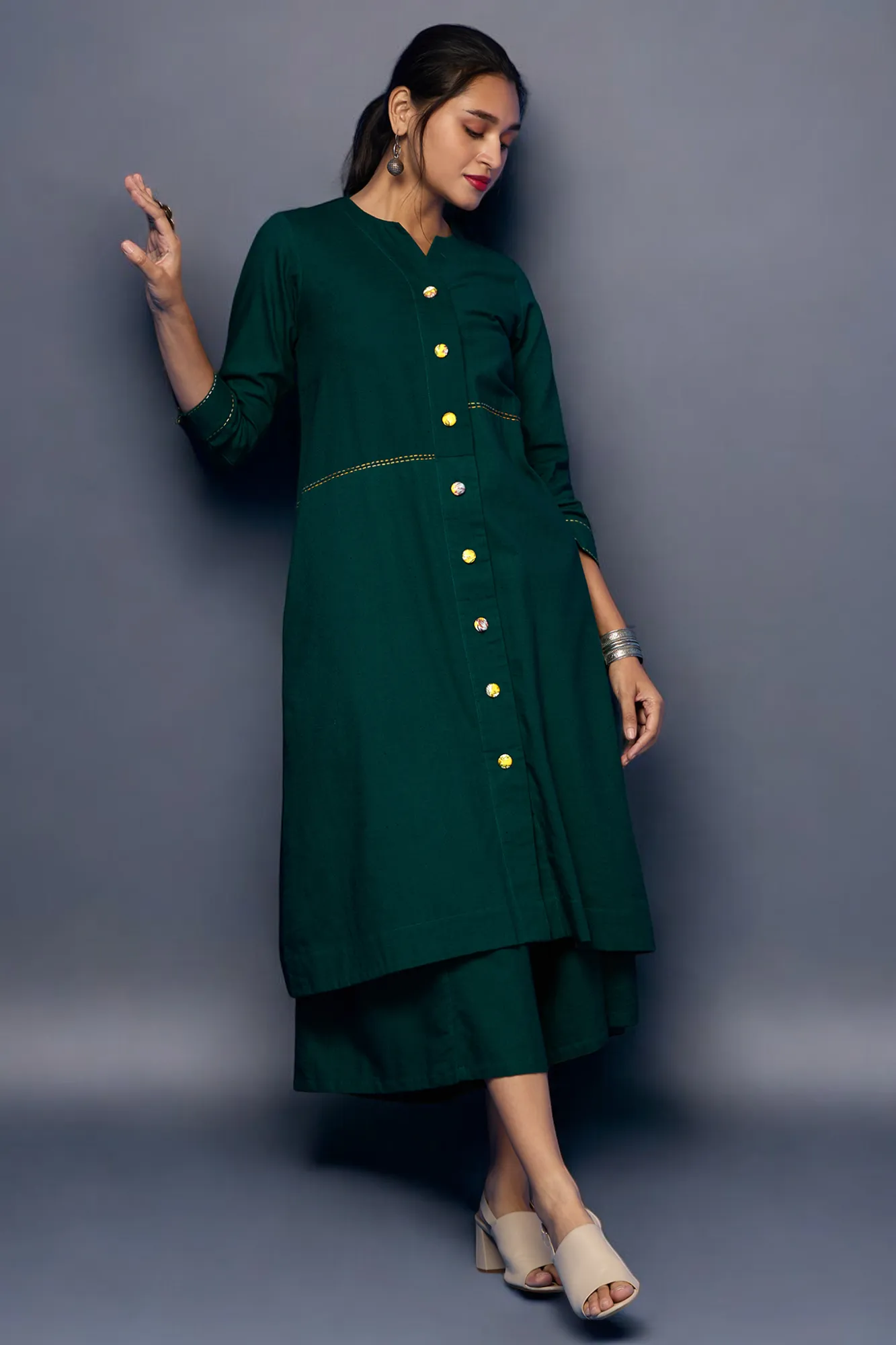 button down tunic kurta with hand stitched details - Evergreen Opulence & Lush Charm