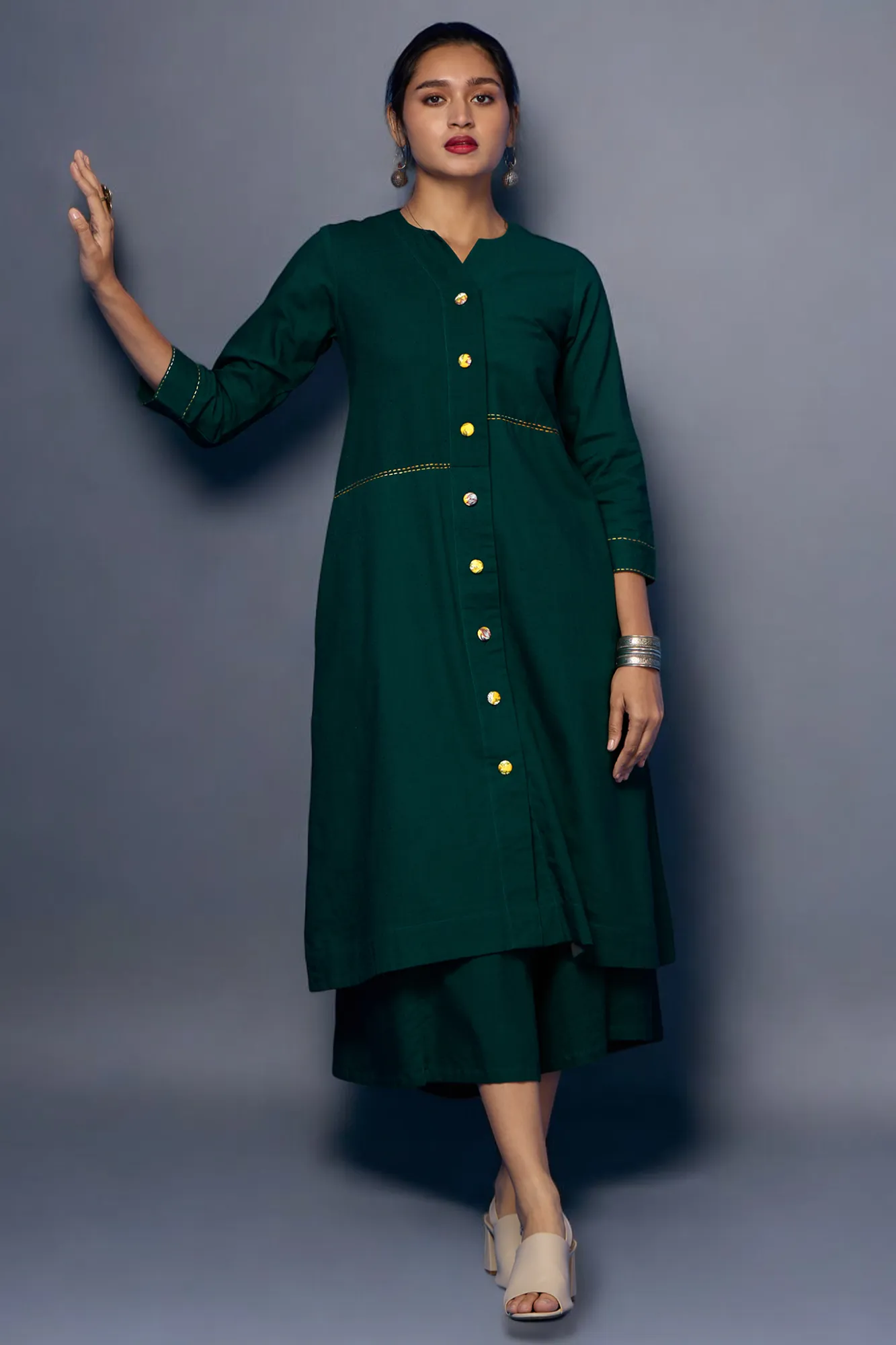 button down tunic kurta with hand stitched details - Evergreen Opulence & Lush Charm