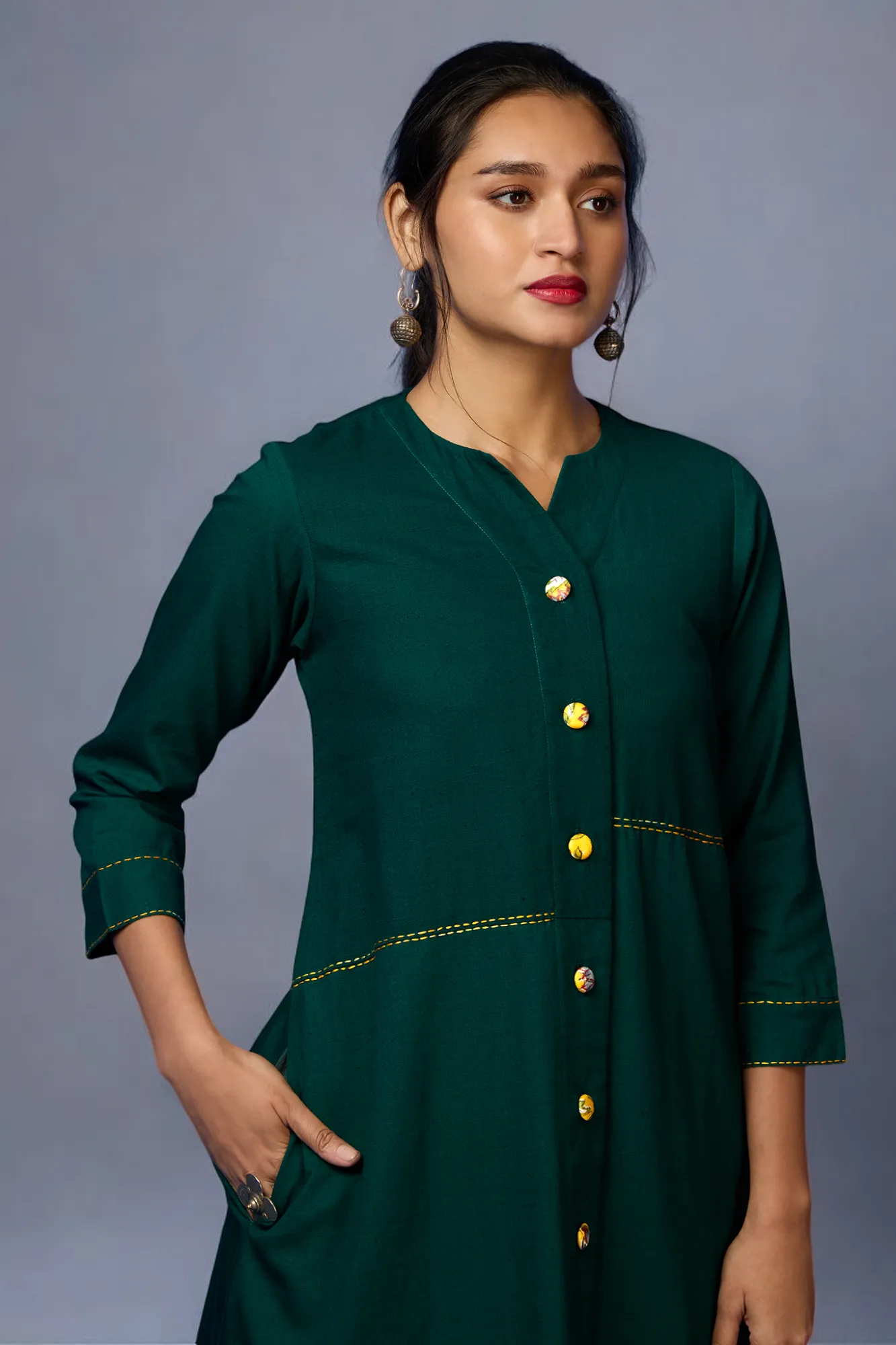 button down tunic kurta with hand stitched details - Evergreen Opulence & Lush Charm