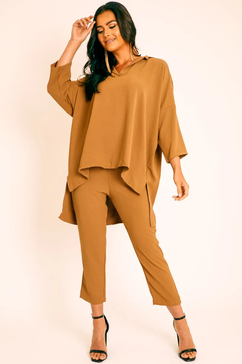 Camel Crepe Oversized Shirt and Cropped Trousers Co-ord - Ellee