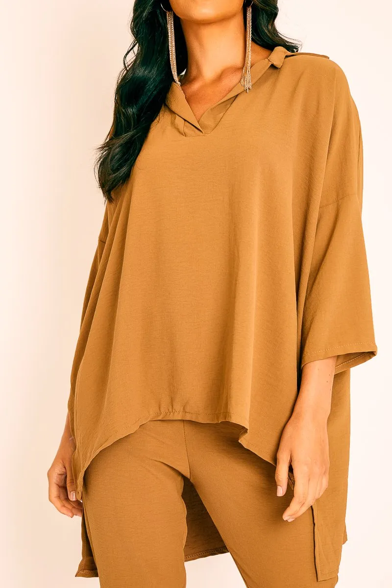 Camel Crepe Oversized Shirt and Cropped Trousers Co-ord - Ellee