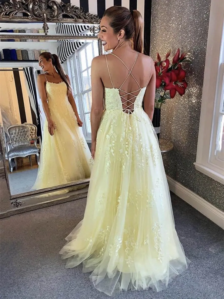 Charming Backless Yellow Lace Long Prom, Yellow Lace Formal, Yellow Evening