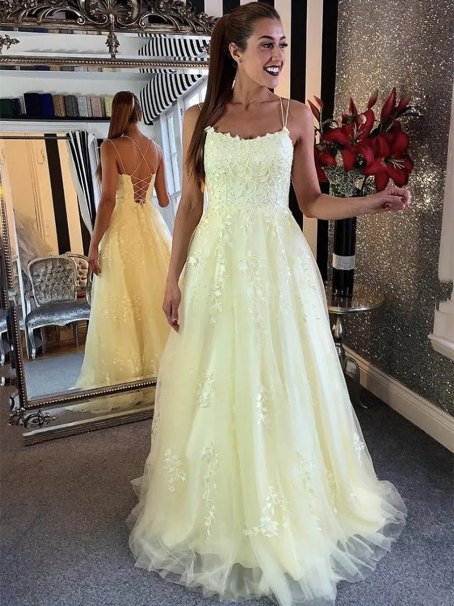 Charming Backless Yellow Lace Long Prom, Yellow Lace Formal, Yellow Evening