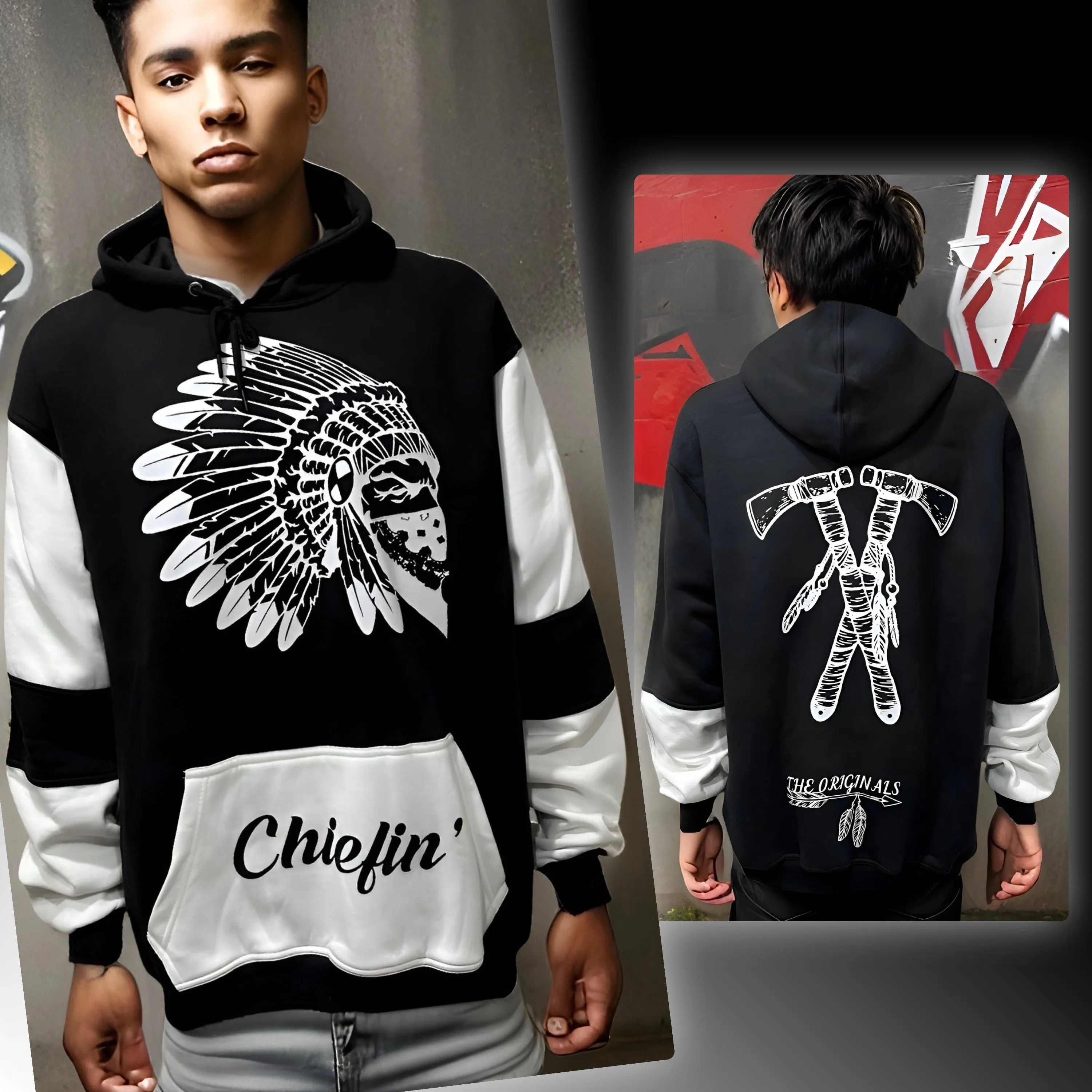 ^CHIEFIN’^ (BLACK-WHITE) PULLOVER HOODIES (CUT & SEW)