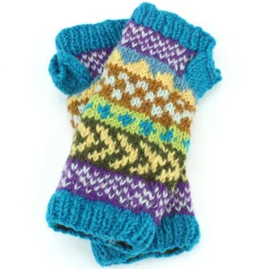 Chunky Wool Knit Arm Warmers - Chevron - Blue