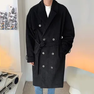 Corduroy Double Breasted Coat Windbreaker Jacket Men Autumn Winter Warm Coat Solid Color Fashion Tide 9C6982