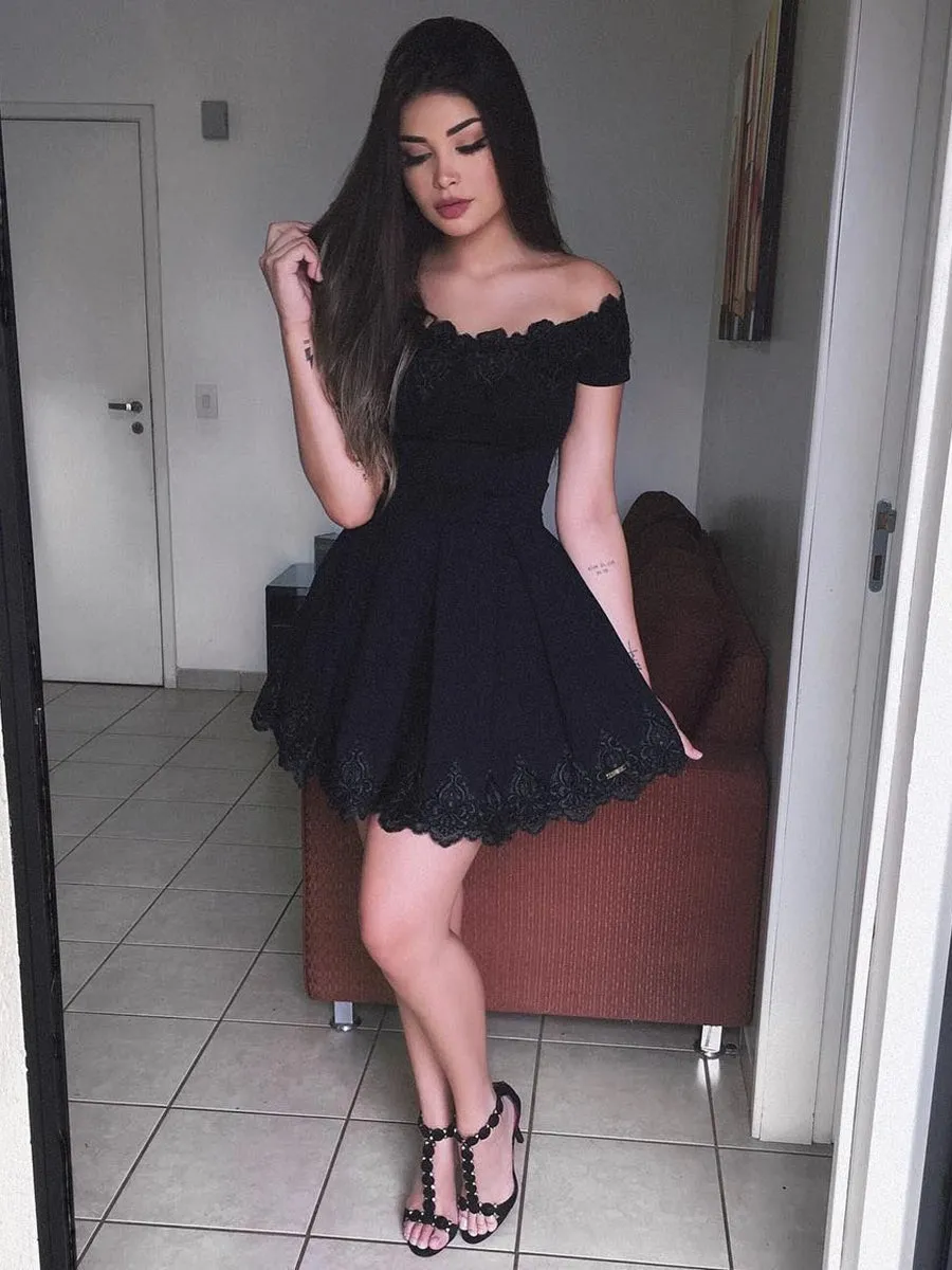 Cute Off Shoulder Lace Black Short Prom Homecoming, Off Shoulder Black Formal, Evening