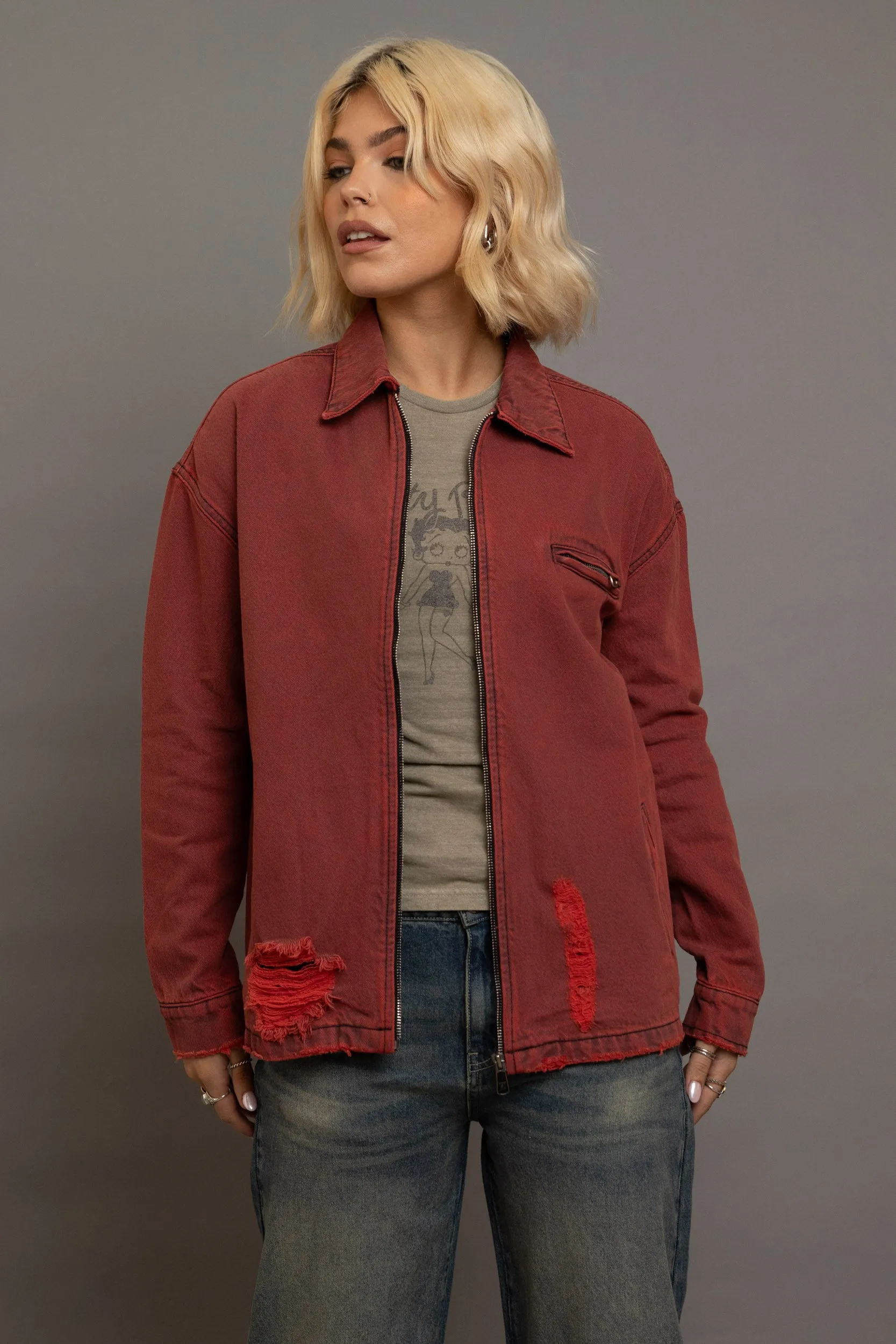 Daisy Street - Red Denim Jacket with Heart Embroidery