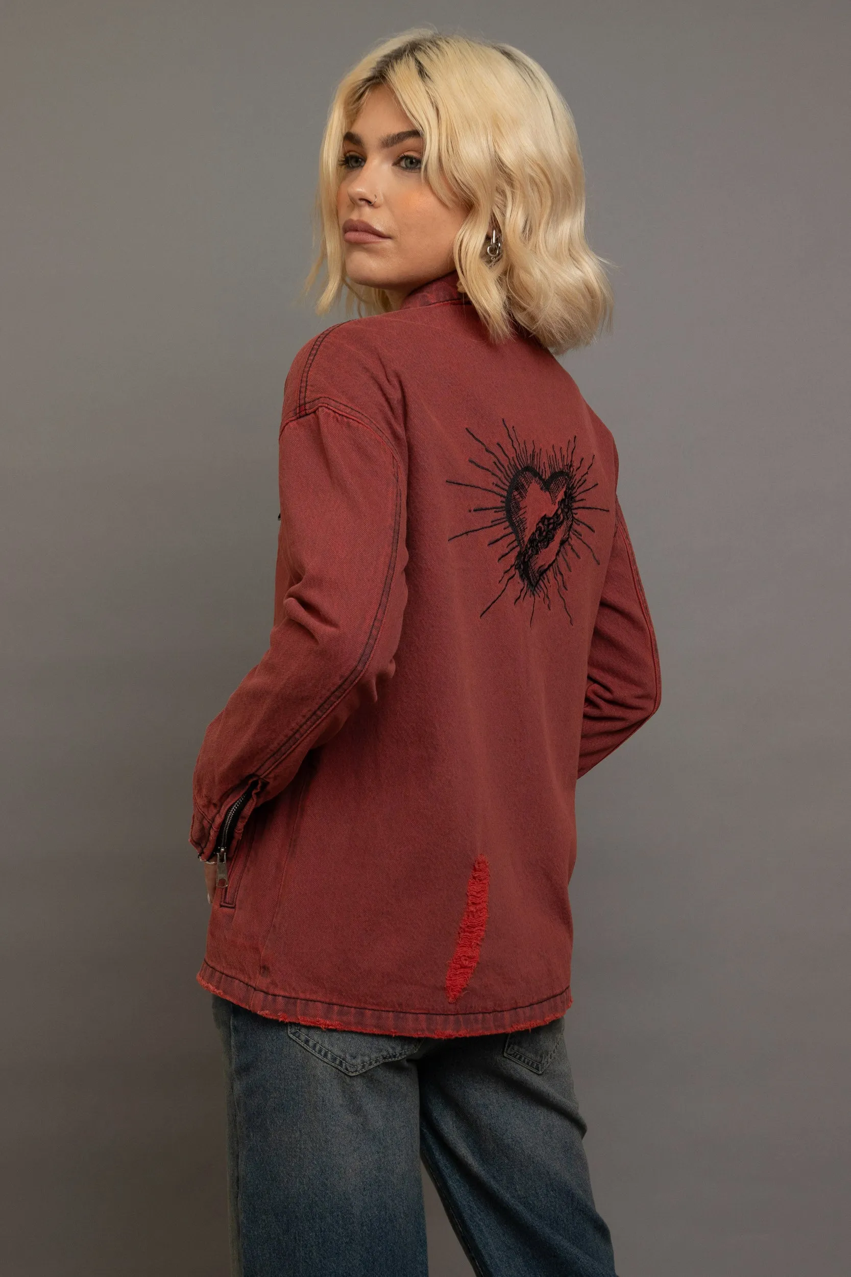 Daisy Street - Red Denim Jacket with Heart Embroidery