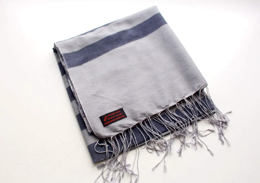 Dark Blue Striped Gray Color Water Pashmina Shawl