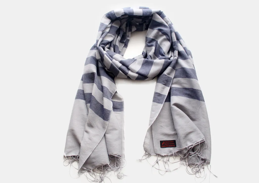 Dark Blue Striped Gray Color Water Pashmina Shawl