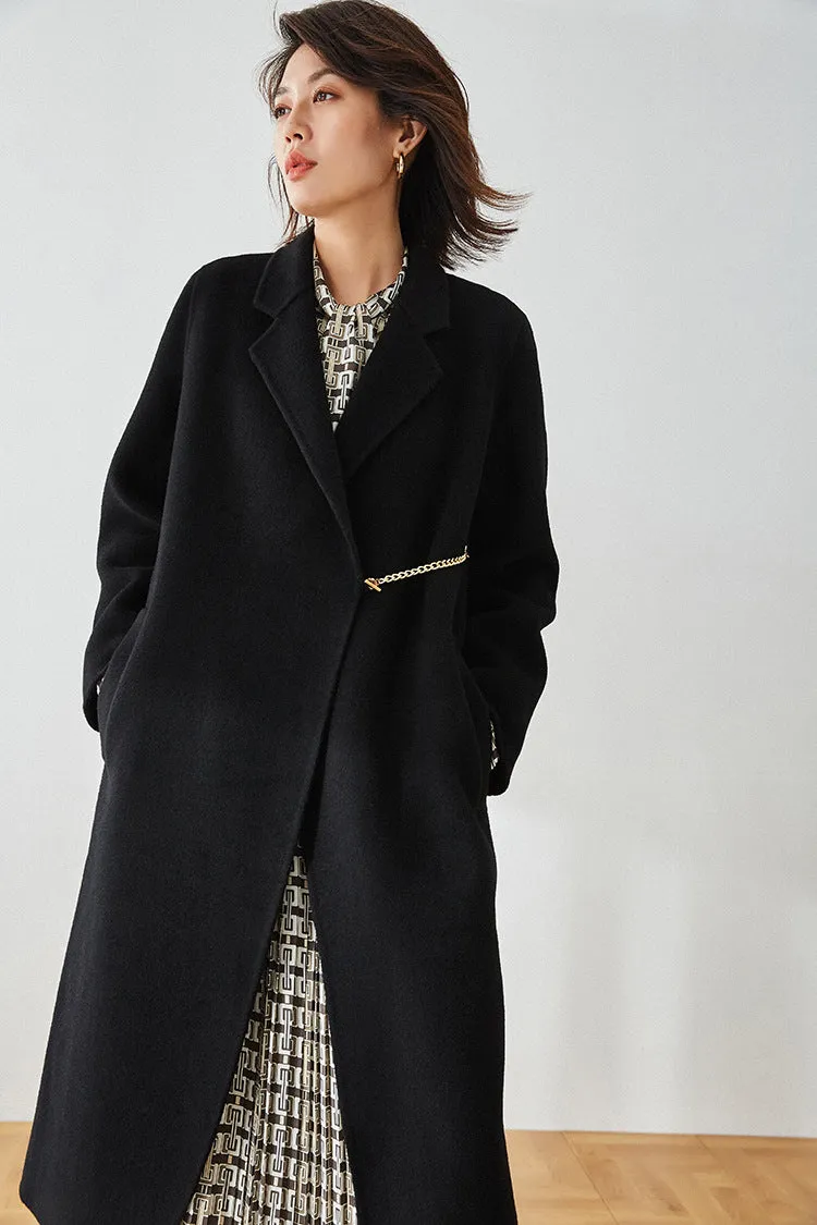 Double-Breasted Chain Detail Long Wool Coat