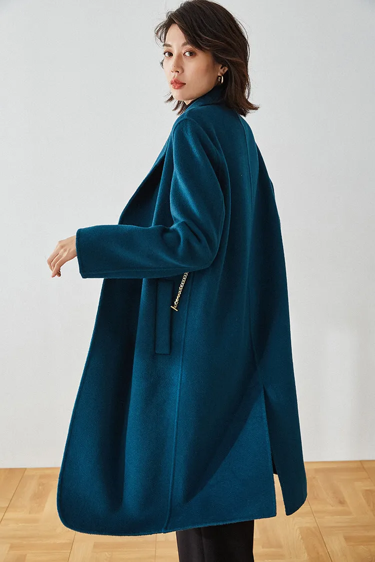 Double-Breasted Chain Detail Long Wool Coat