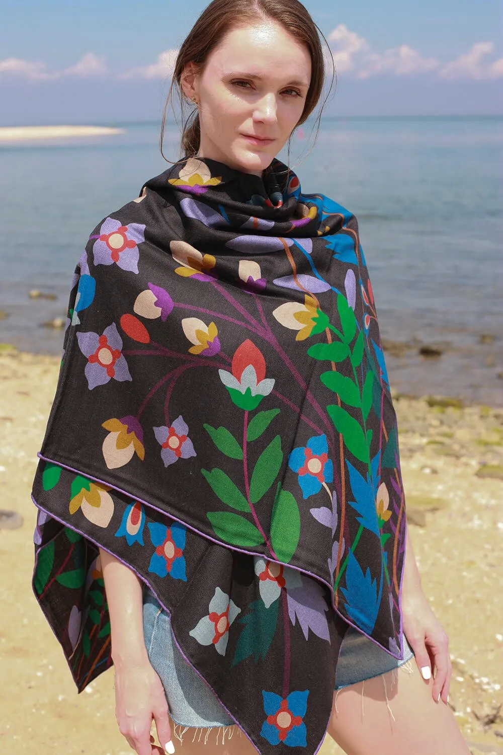 Double Sided Wool Silk Shawl Of Night Garden