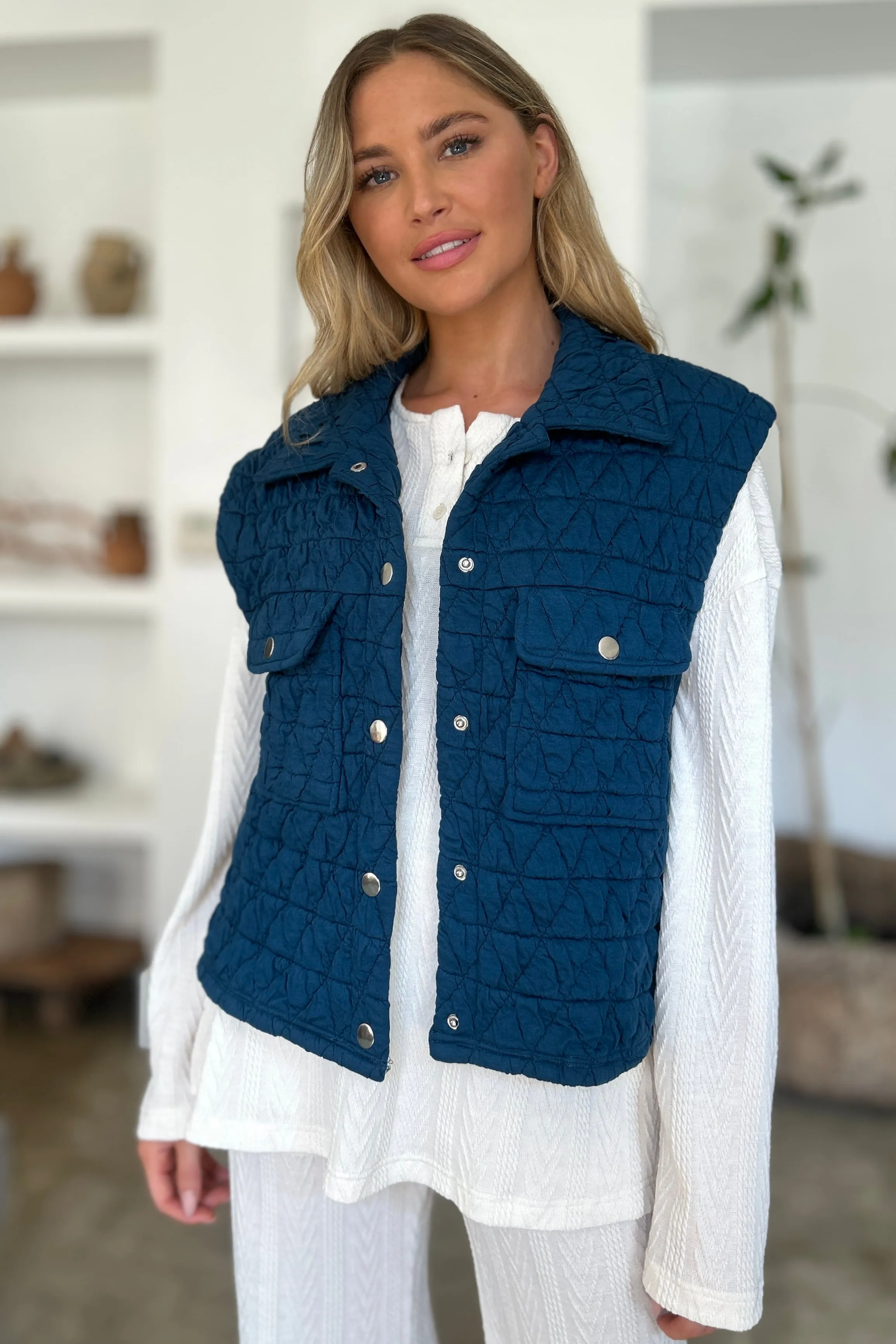 Double Take Pocketed Texture Snap Vest Coat