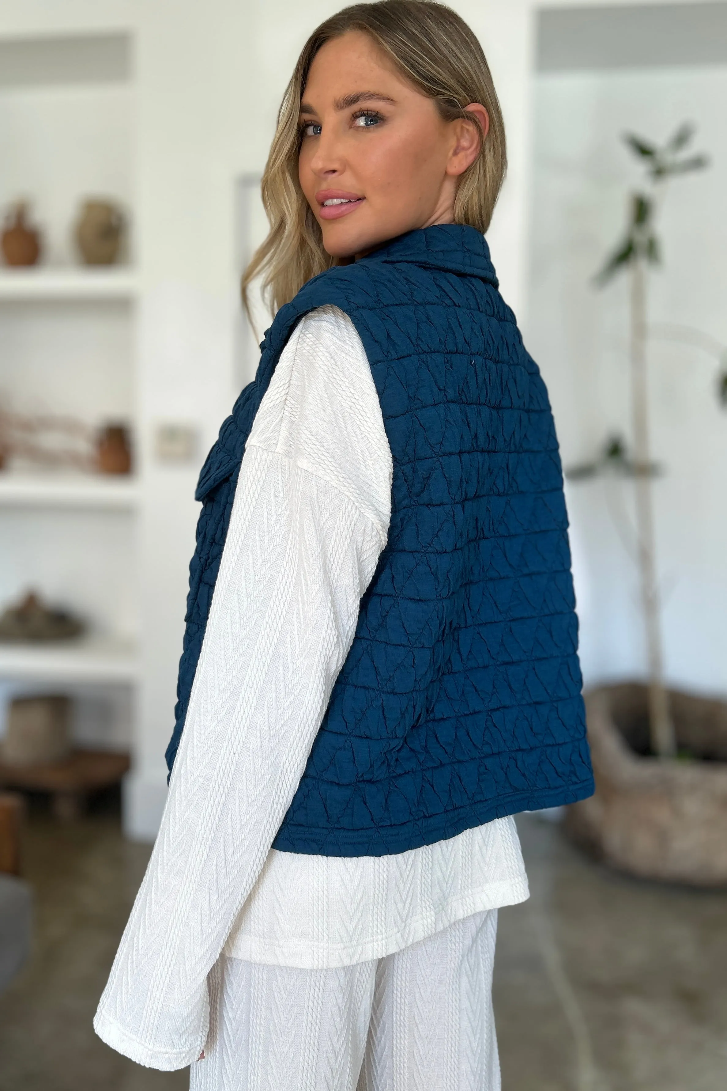 Double Take Pocketed Texture Snap Vest Coat