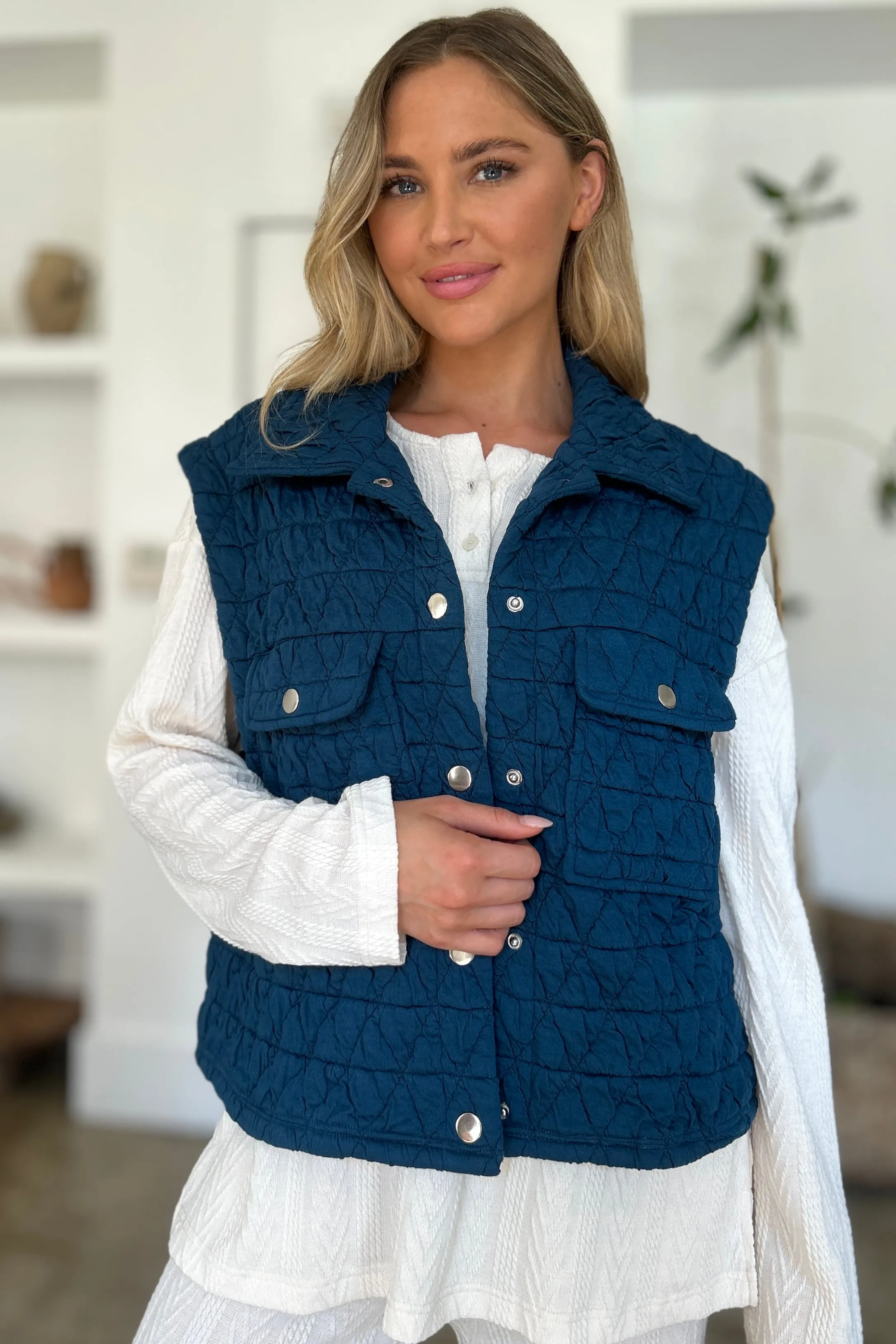 Double Take Pocketed Texture Snap Vest Coat