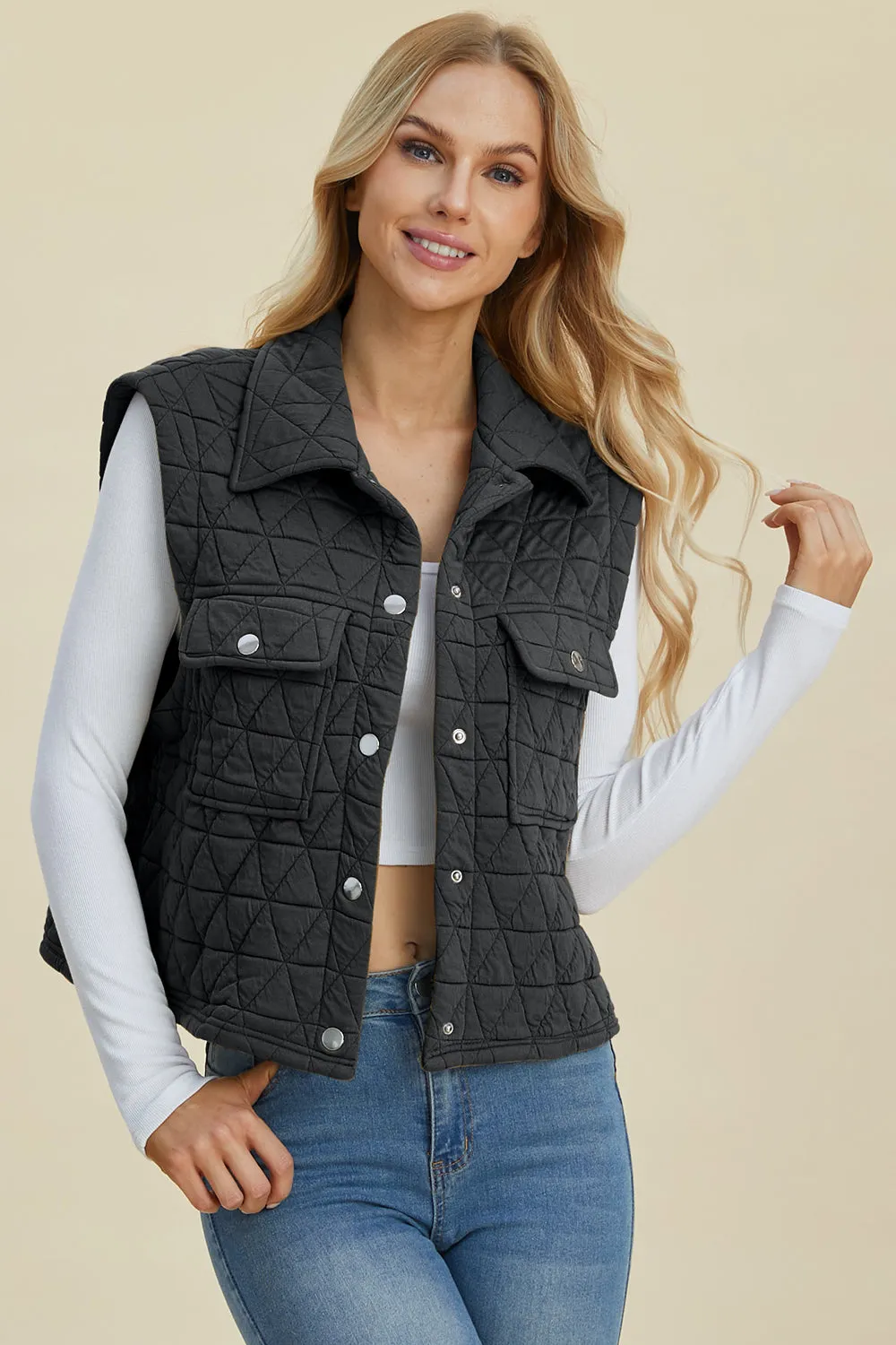 Double Take Pocketed Texture Snap Vest Coat