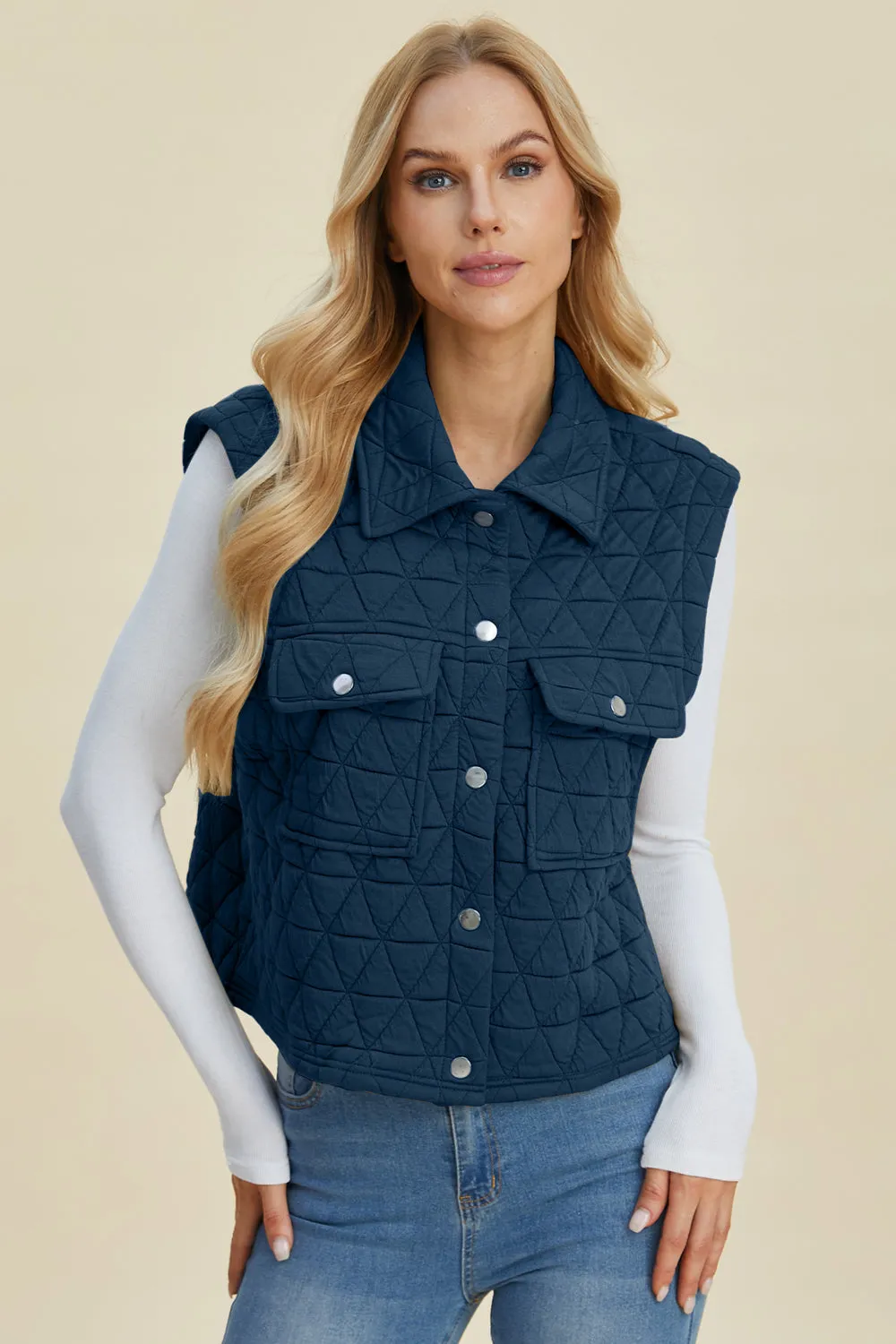 Double Take Pocketed Texture Snap Vest Coat