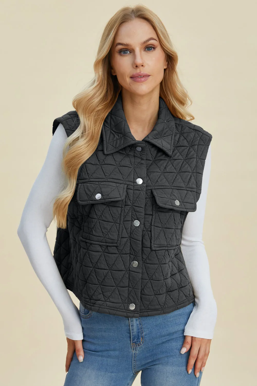 Double Take Pocketed Texture Snap Vest Coat