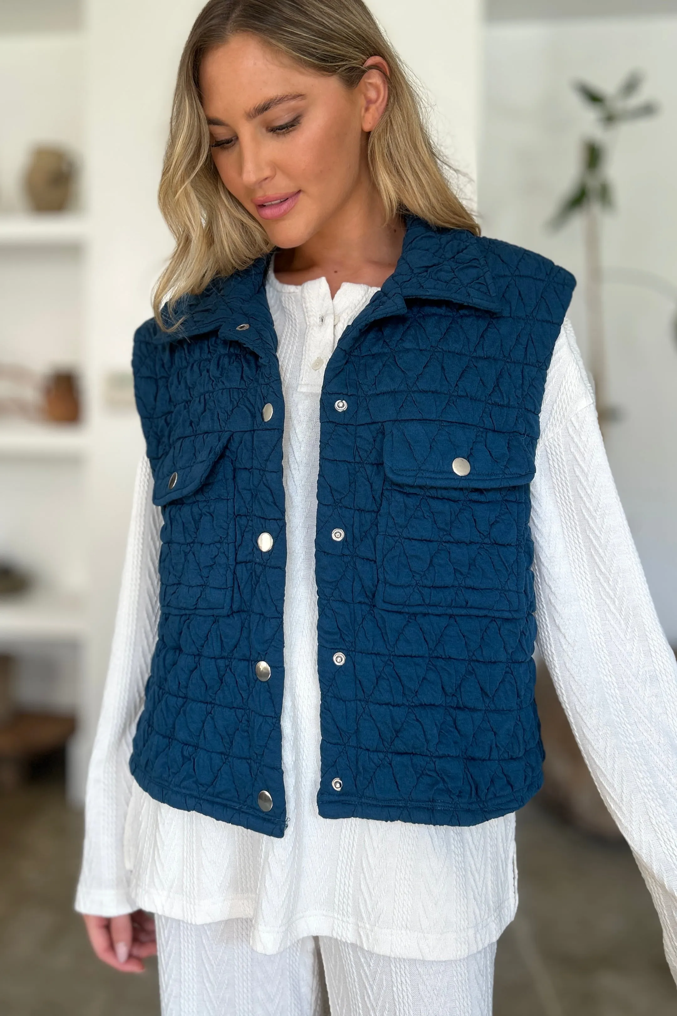 Double Take Pocketed Texture Snap Vest Coat