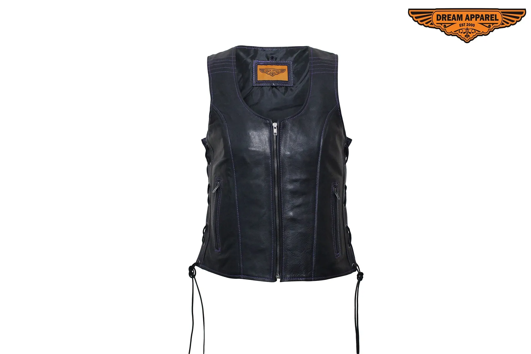 Dream Apparel Women's Naked Black and Purple Motorcycle Leather vest