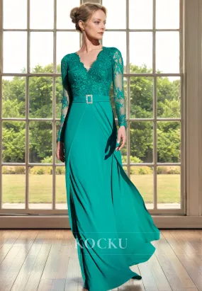 Elegant & Luxurious V-Neck Appliques Long sleeves A-Line Cocktail Mother of the Bride Dress