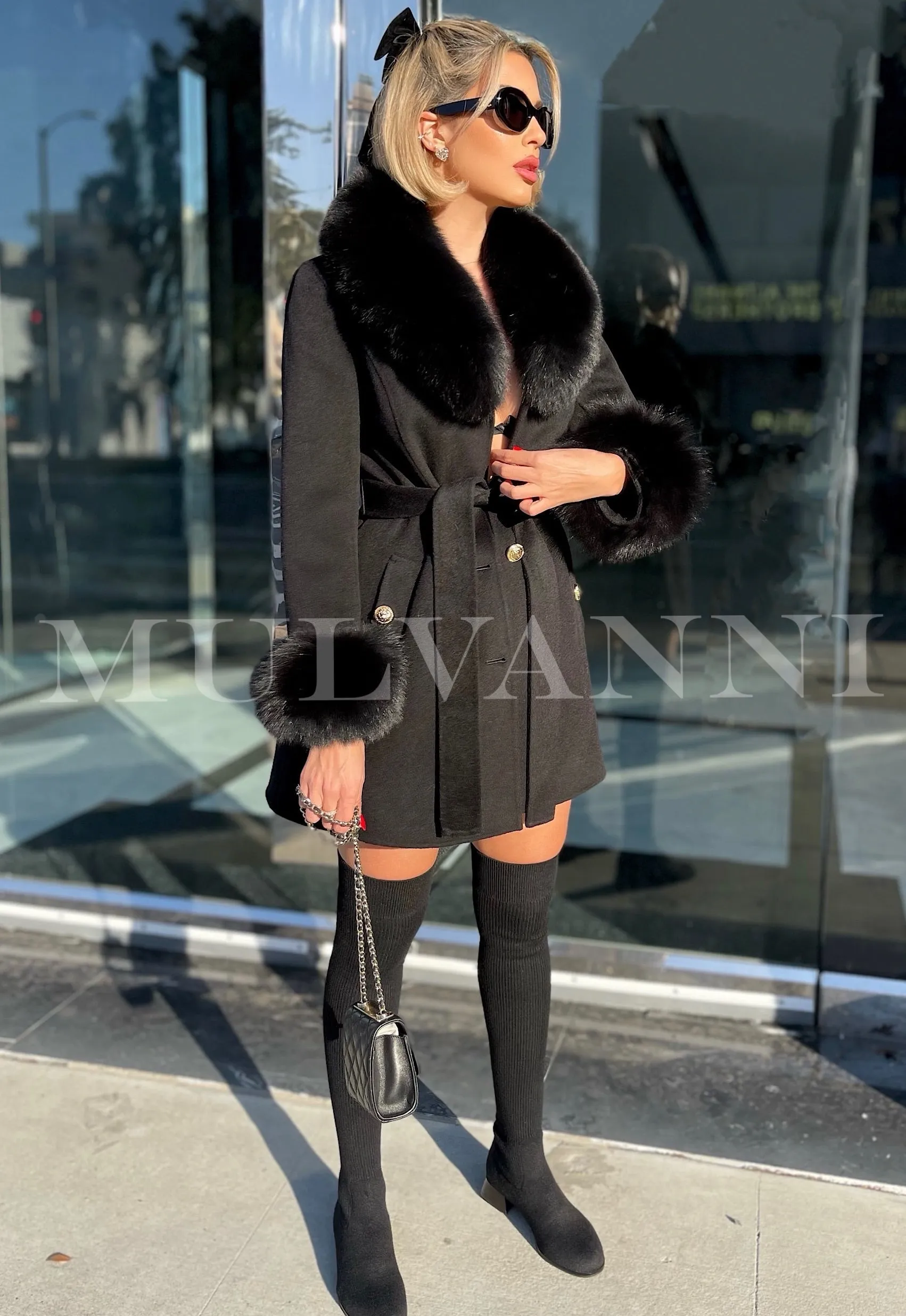 ELINOR Black Cashmere Coat with Fox Fur