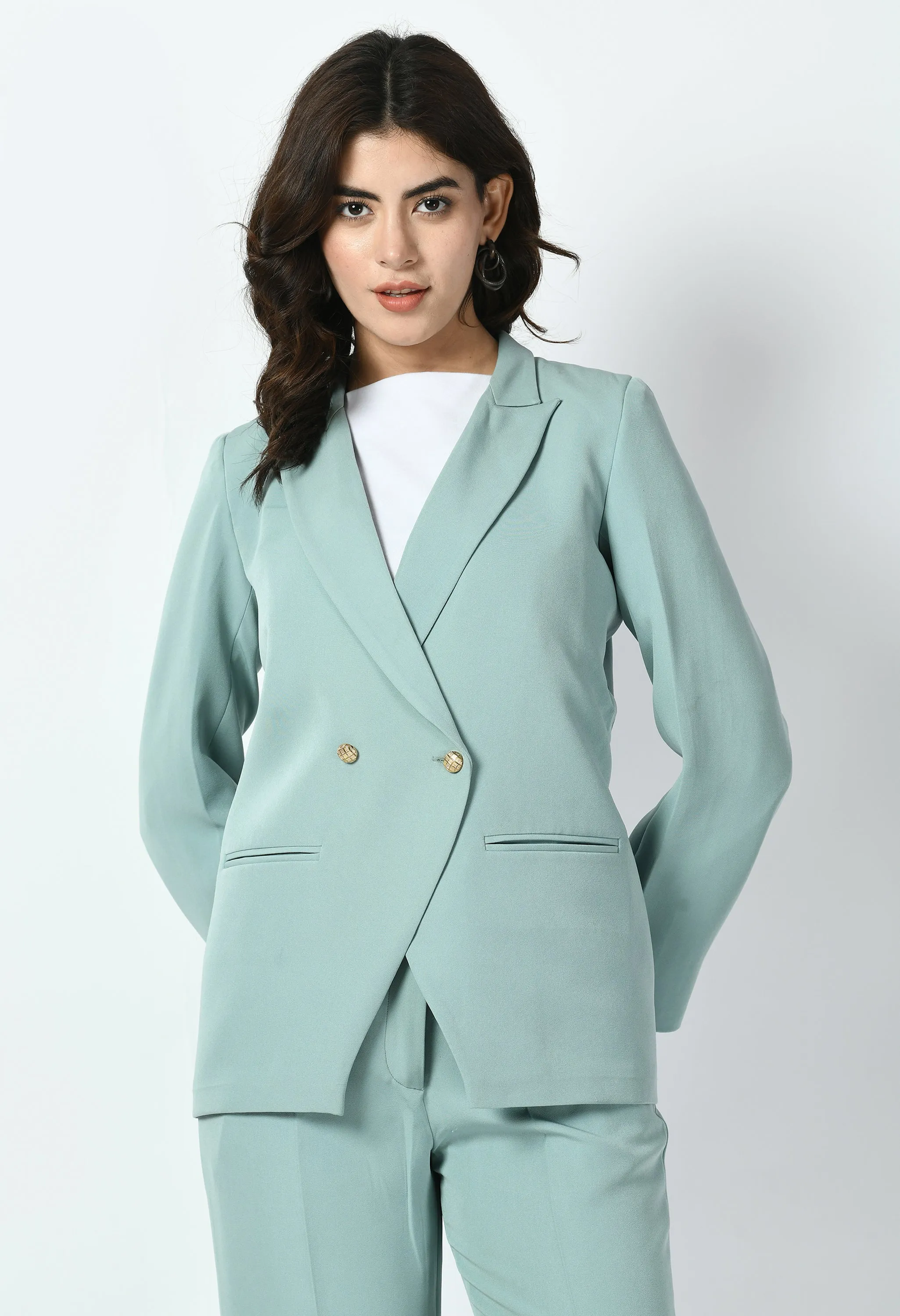 Exude Vitality Formal Blazer with Bootcut Trousers (Cyan Blue)