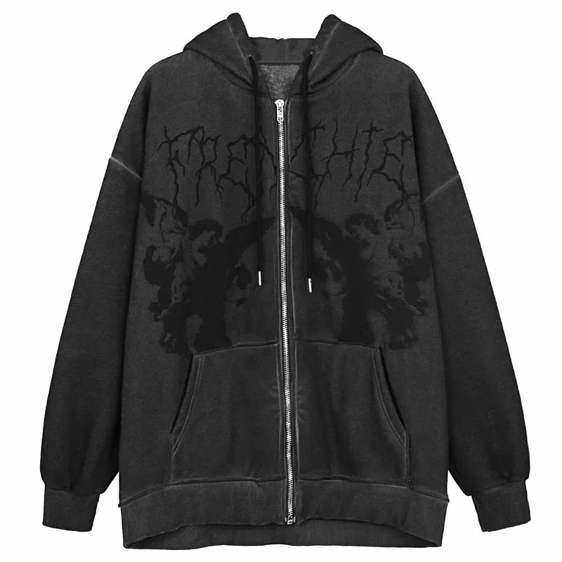 Fashionkova  2022 Women Hip Hop Streetwear Hoodies Autumn Winter Angel Print Jacket Coat Goth Harajuku Y2K Zipper Outwear Oversized Hoodies