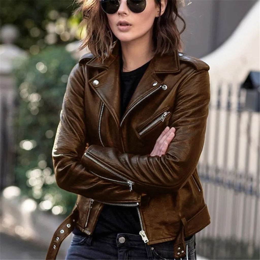 Fashionkova  2023 New Zipper Fitted Coat Fall Short Jacket Women Leather Punk Jacket Long Sleeve Solid Lapel Women Jackets