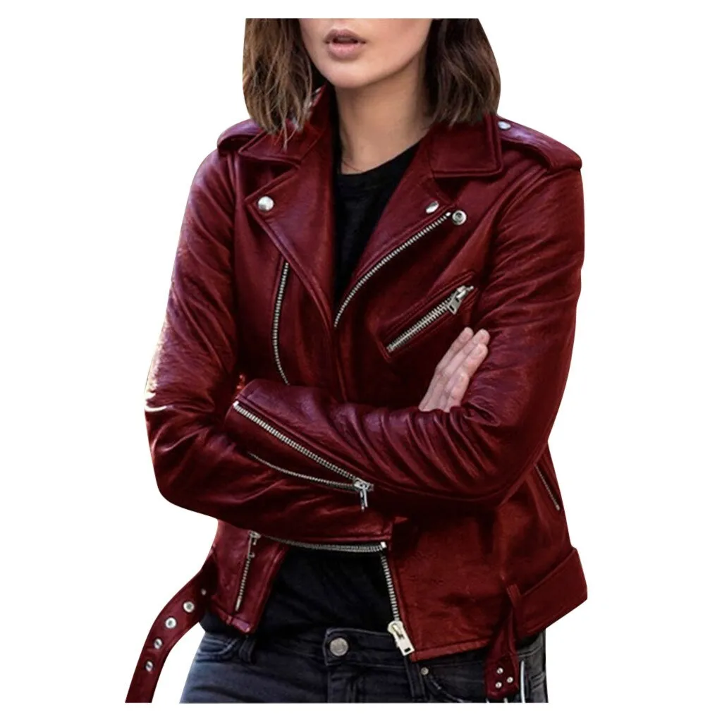 Fashionkova  2023 New Zipper Fitted Coat Fall Short Jacket Women Leather Punk Jacket Long Sleeve Solid Lapel Women Jackets