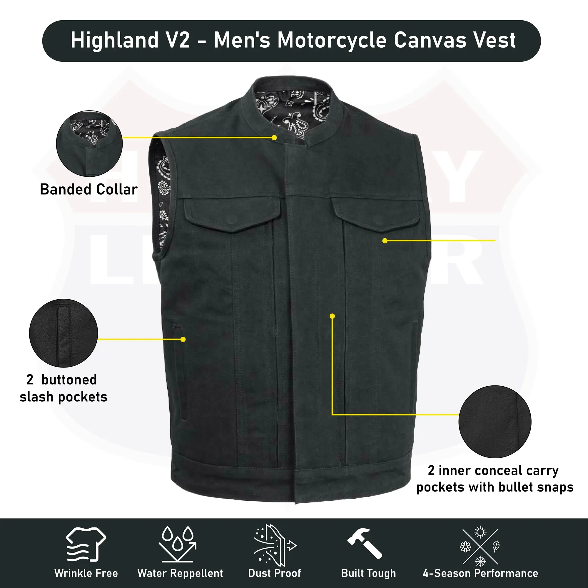 FIM692CNVS Highland V2 - Men's Motorcycle Canvas Vest Conceal Carry Pockets,