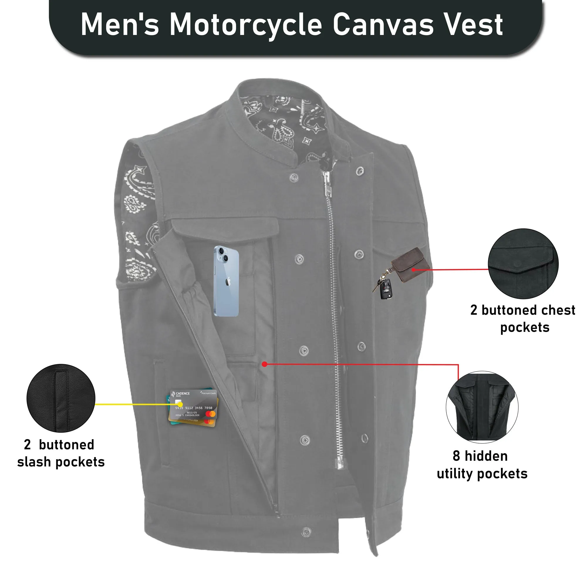 FIM692CNVS Highland V2 - Men's Motorcycle Canvas Vest Conceal Carry Pockets,