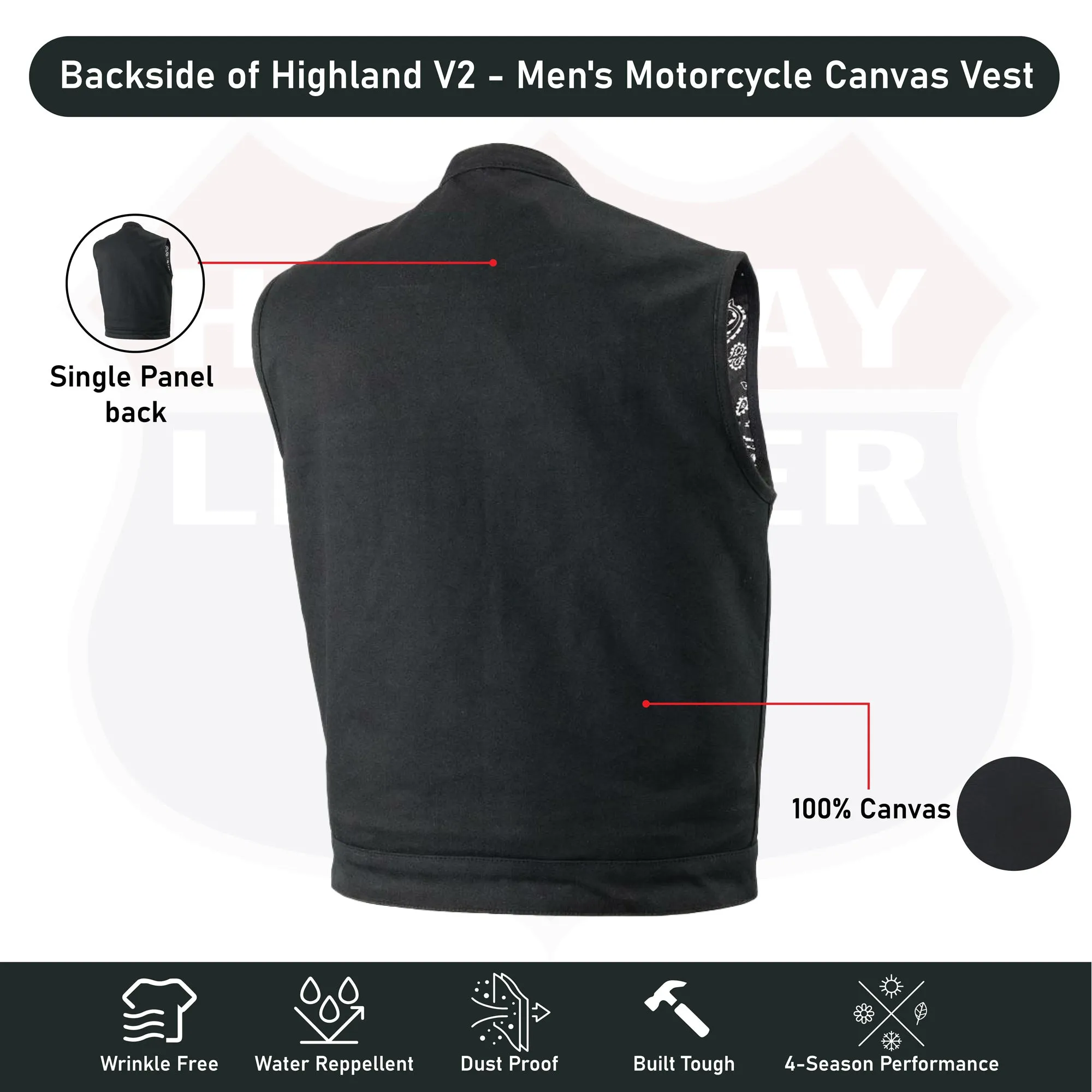 FIM692CNVS Highland V2 - Men's Motorcycle Canvas Vest Conceal Carry Pockets,