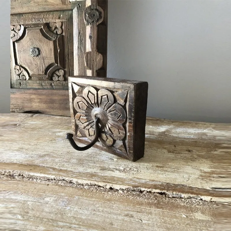 Floral Hand Carved Indian Wooden Coat Rack Wall Hanger With 1 Hooks