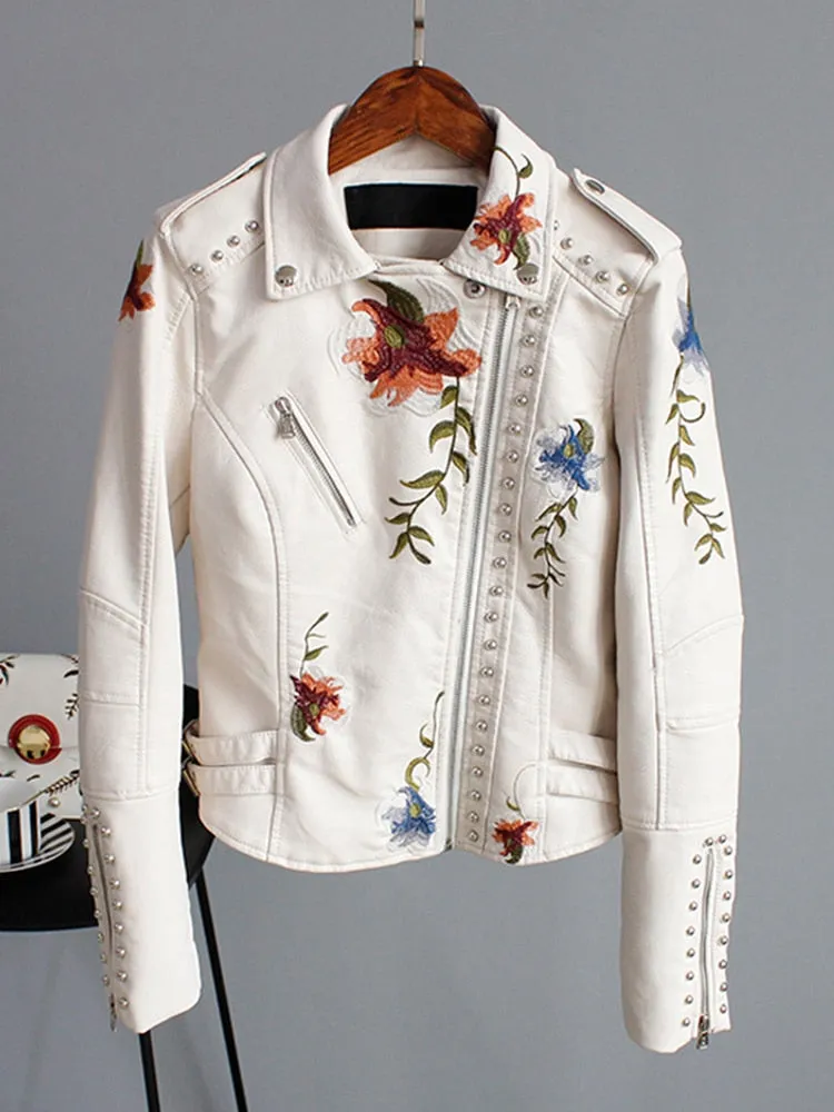 Floral Print Embroidery Faux Soft Leather Jacket Women Pu Motorcycle Coat