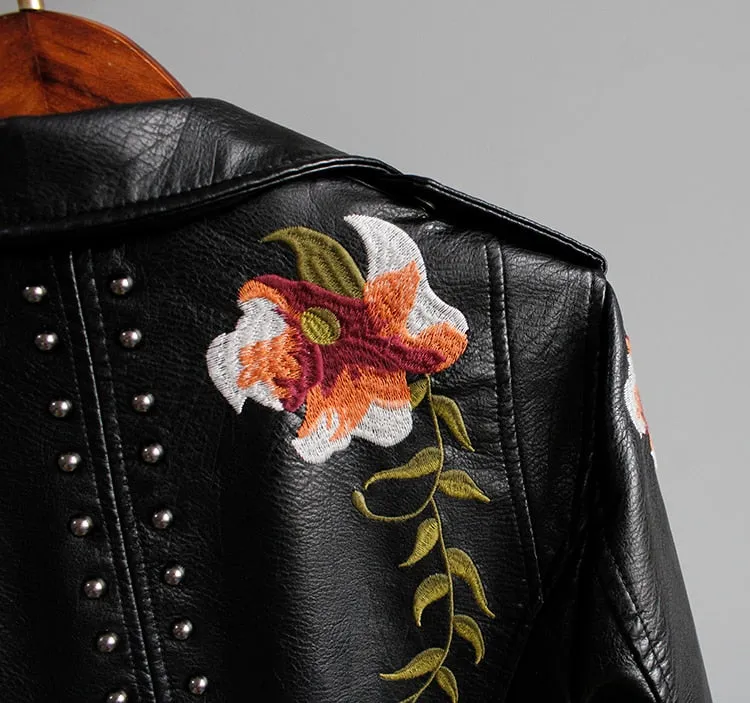 Floral Print Embroidery Faux Soft Leather Jacket Women Pu Motorcycle Coat