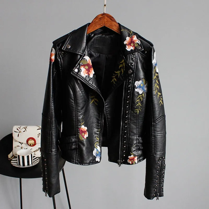 Floral Print Embroidery Faux Soft Leather Jacket Women Pu Motorcycle Coat