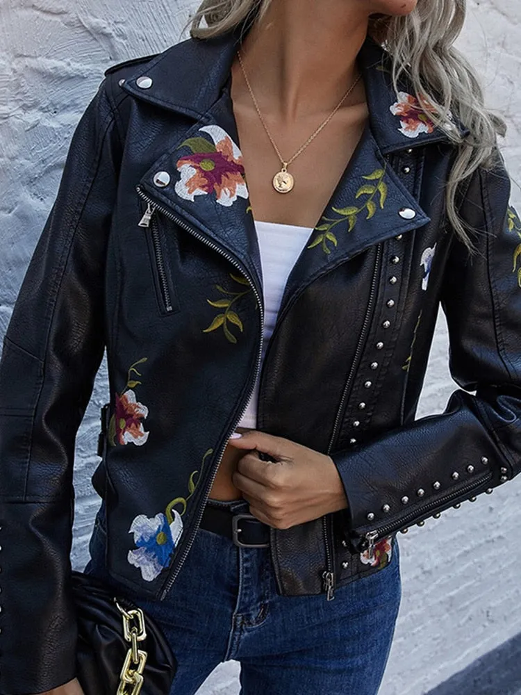 Floral Print Embroidery Faux Soft Leather Jacket Women Pu Motorcycle Coat