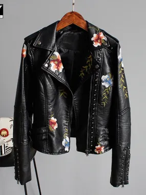 Floral Print Embroidery Faux Soft Leather Jacket Women Pu Motorcycle Coat