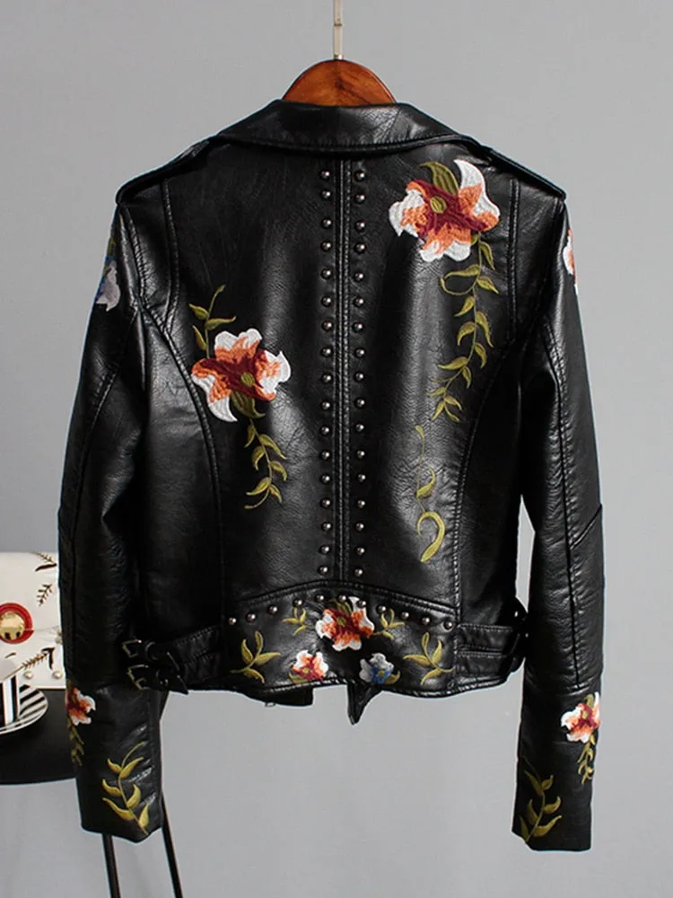 Floral Print Embroidery Faux Soft Leather Jacket Women Pu Motorcycle Coat