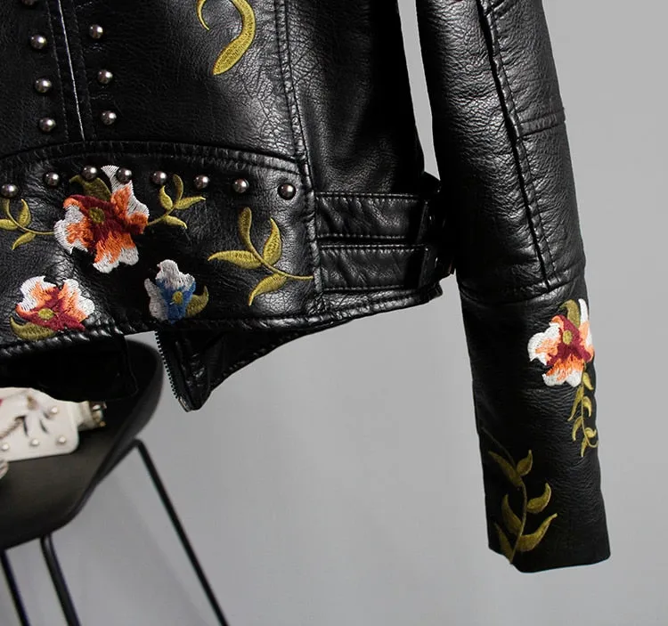 Floral Print Embroidery Faux Soft Leather Jacket Women Pu Motorcycle Coat