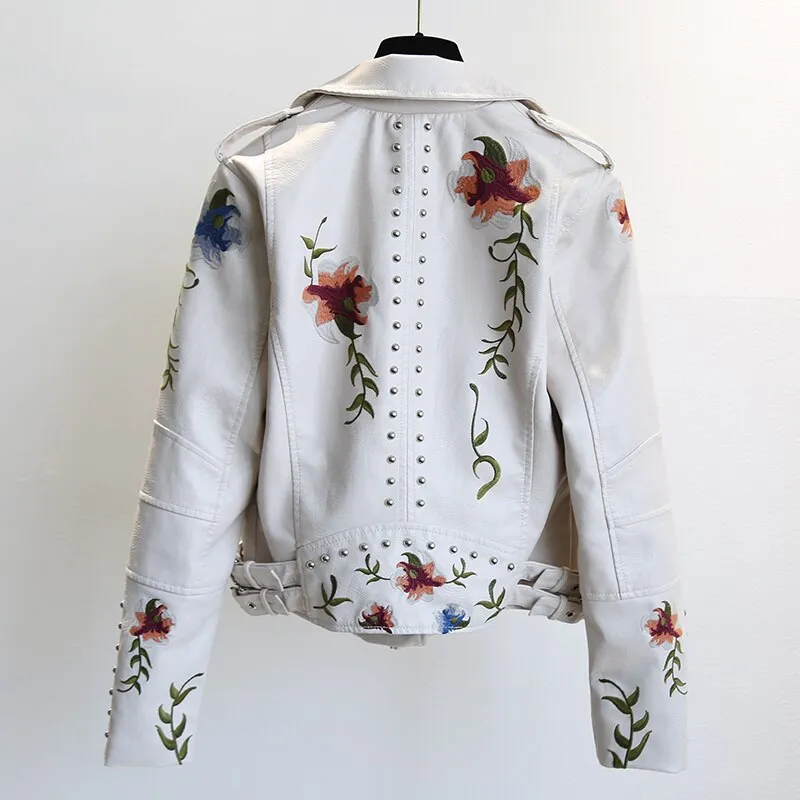 Floral PU Faux Leather Jacket Women High Street Motorcycle Embroidery Coat Punk Outerwear Biker Jackets